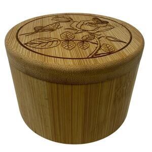 Wood Bamboo Salt Keeper Box w/ Swivel Lid Spoon Floral Butterfly